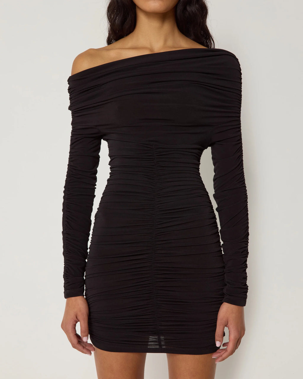 Long Sleeve Ruched Mini Dress | Black